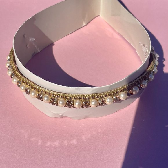 Deepa Gurnani Pearl & Rhinestone Headband Gold and Cream Bridal NWT - Picture 4 of 9